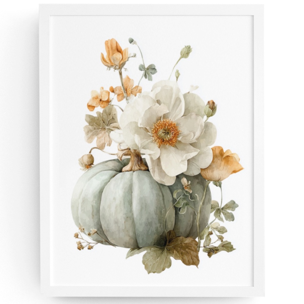 Watercolor Pumpkin with Flowers Wall Art Print Unframed - Cozy Autumn Elegance